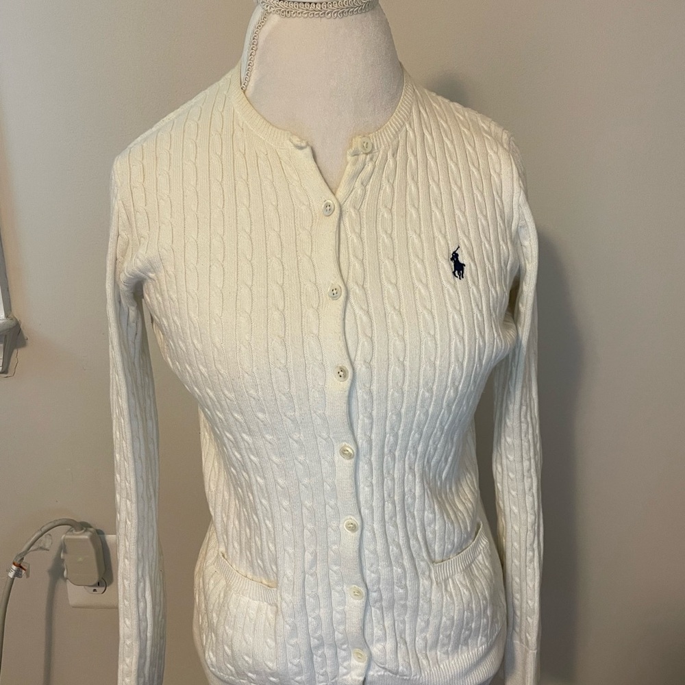 Ralph Lauren White Cable Knit Cardigan Sweater